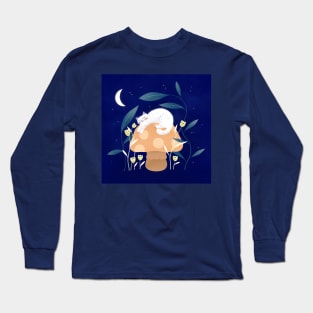 Cute white cat sleeping, mushroom and curious flowers version 2 Long Sleeve T-Shirt